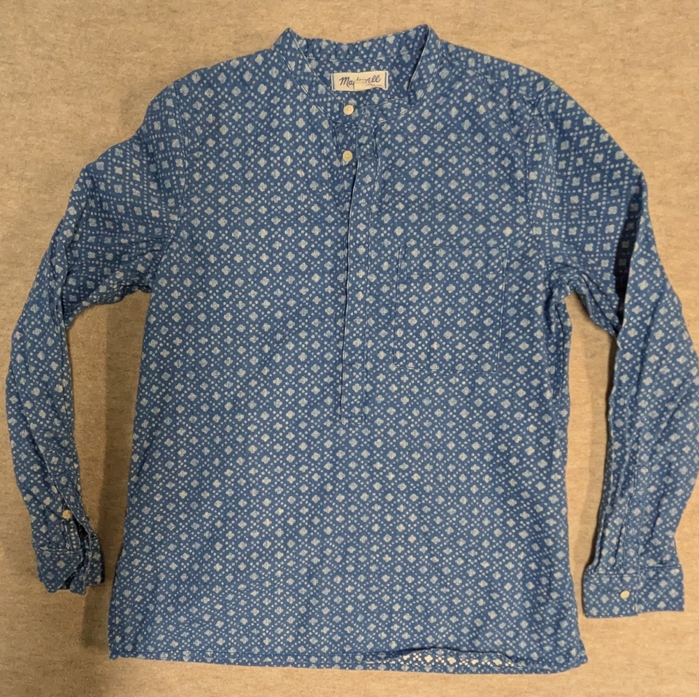 Madewell Blue Block Printed Patterned Pull Over Demin Cotton Shirt Size Large